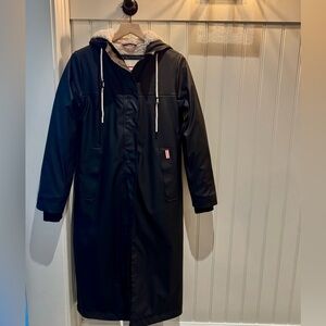 Sammy Rubberized Long Padded Raincoat Hunter Black and White Fleece-Lined Jacket